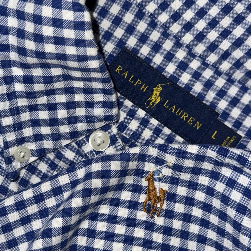 Polo Ralph Lauren Long Sleeve Button Down Oxford Shirt Men's L Blue White Check